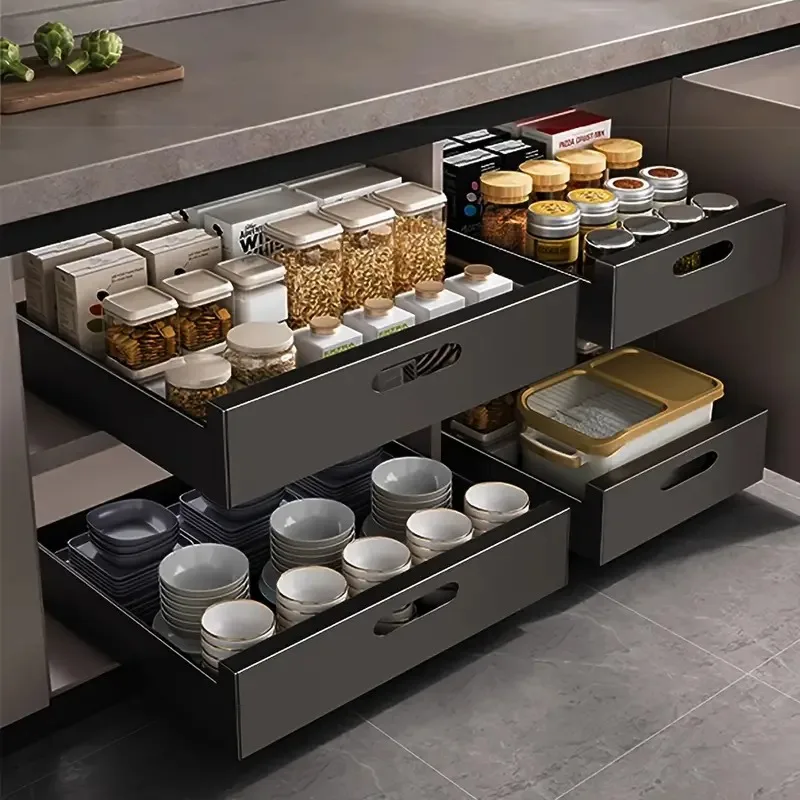 Kitchen Storage Rack Pull-Out Storage Basket With Sliding Rails Cabinets Organizer Spice Racks Kitchen Essential Storage Shelf