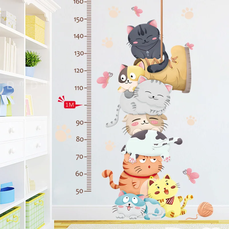 Cartoon Stacked Kitten Height Chart Wall Stickers, Cute Cat Pile Shoe Yarn Ball Kids Nursery Growth Ruler Decor