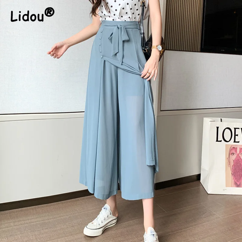 Thin Button Breathable Chiffon Wide Leg Pants Women's Summer New  Classic Straight Tube Draped Flowing Lady Pants Skirt