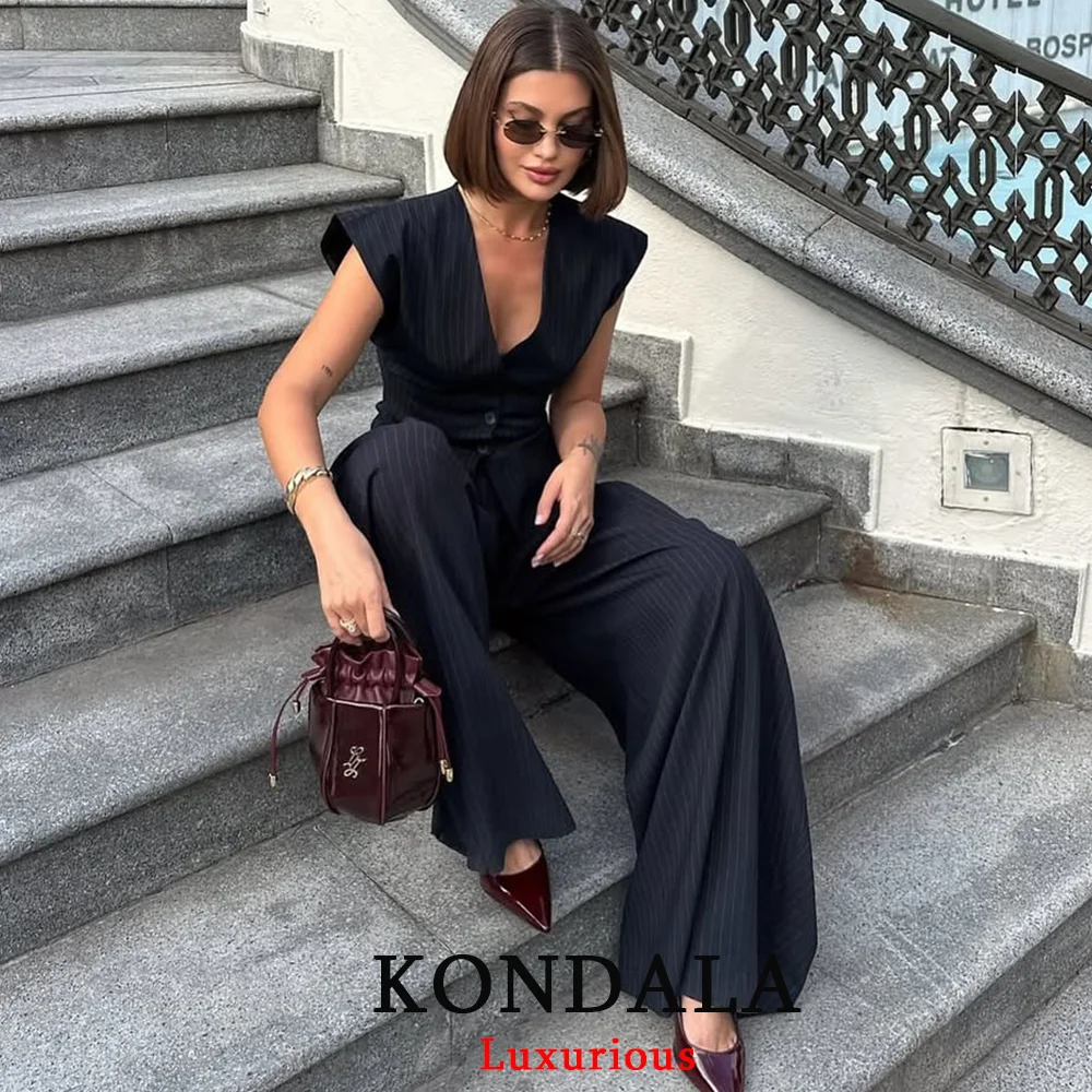 KONDALA خمر مخطط طباعة النساء الدعاوى الخامس الرقبة أزرار ضئيلة سترة عالية الخصر بنطال ذو قصة أرجل واسعة موضة 2025 الخريف مكتب الدعاوى