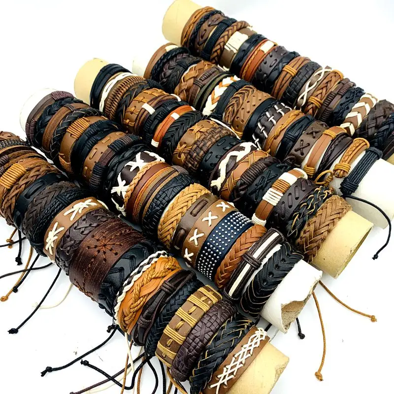 10/20/30/50/100PCs Leather Cuff Bracelets Handmade Retro Bangle Wristbands Black/Brown Fashion Jewelry Party Gift Wholesale Lot