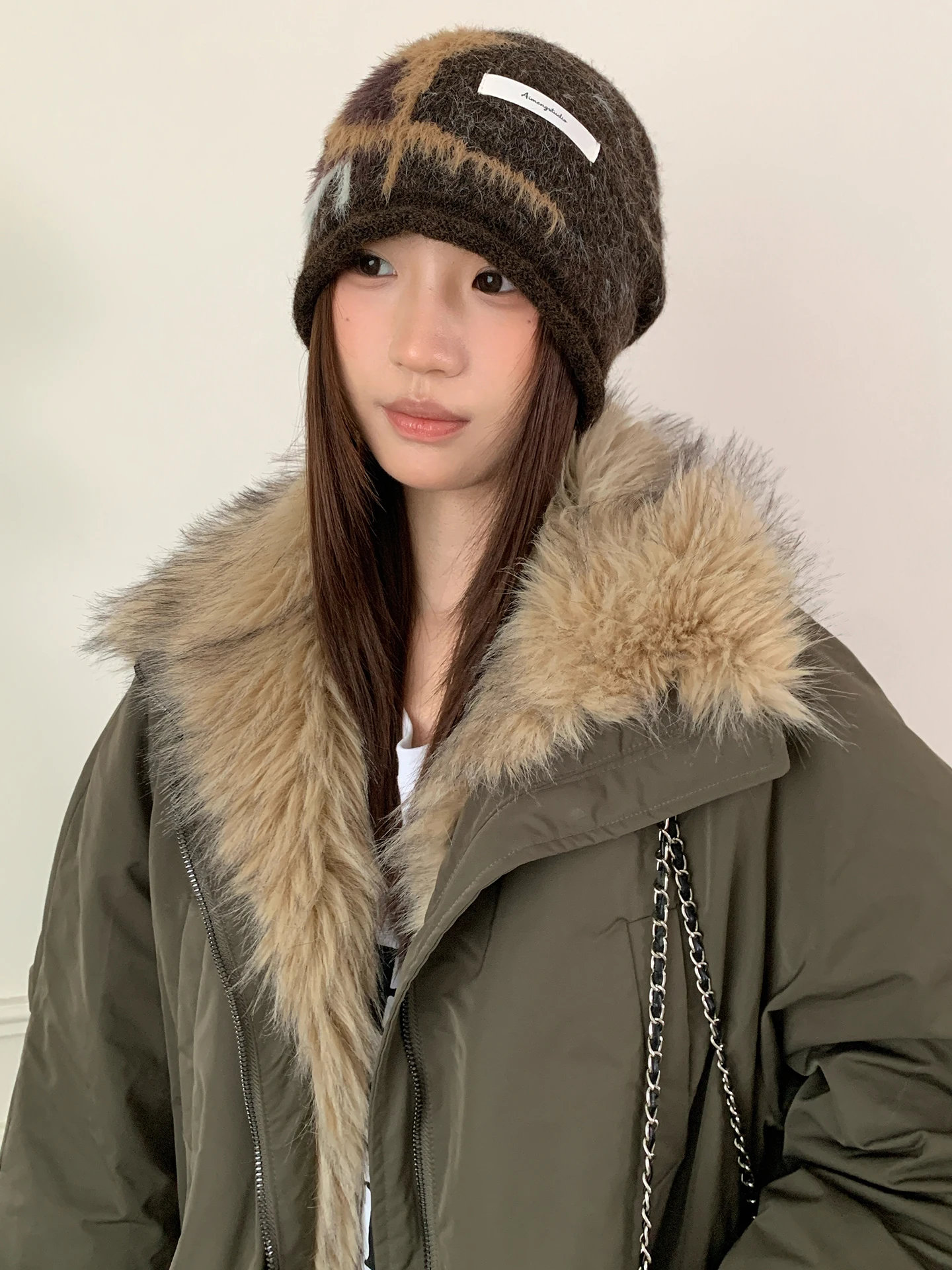 Niche Star Coffee Color Slouchy Hat Women's Autumn Warm Earflap Beanie Rolled Edge Beanie Large Head Circum