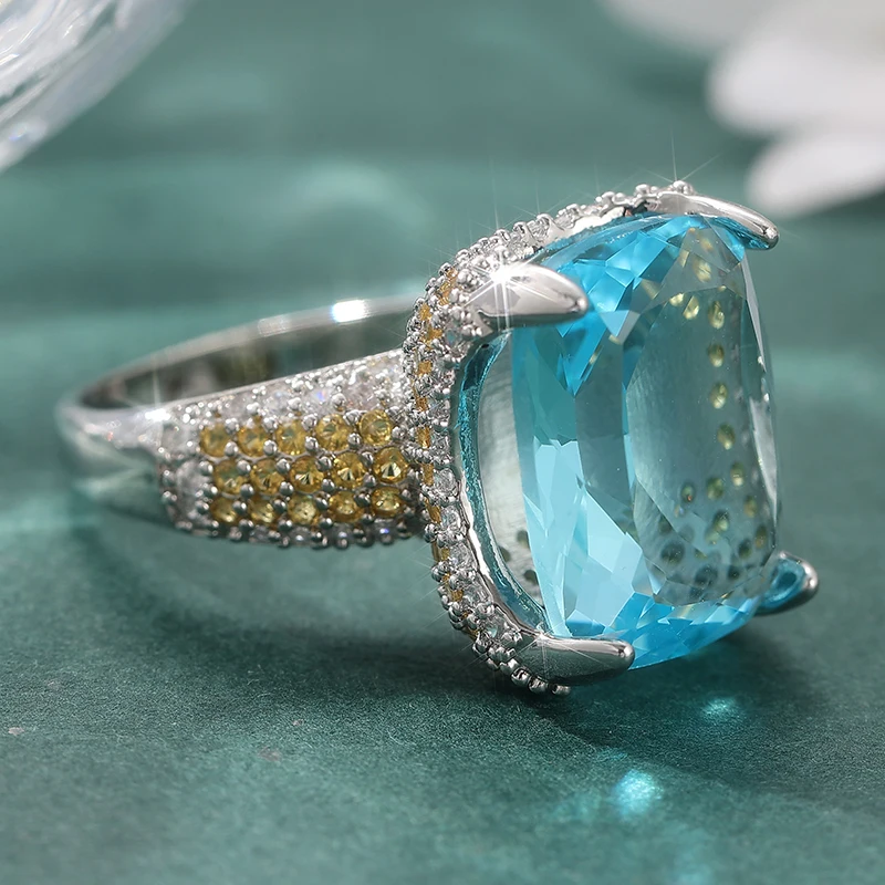 Modischer, mit meerblauen CZ-Steinen besetzter Damenring, exquisite silberfarbene Geometrie, für den täglichen Gebrauch, Partyschmuck, Jubiläumsgeschenk – Detail 3
