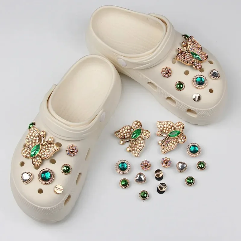 YNPO Detachable Green Butterfly Diamond Embedded Clog Shoe Accessories 3D Gem Cube Hole Shoe Flower Shoe Decorations