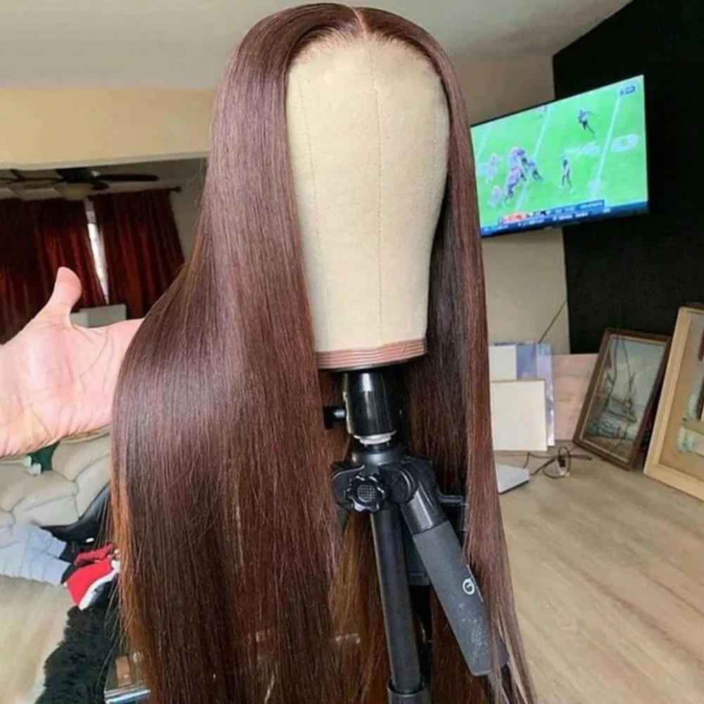 13x4  HD Chocolate Brown Bone Straight Lace Front Wig 30 Inch Lace Frontal Wig Human Hair PrePlucked #4 Color Human Hair Wigs