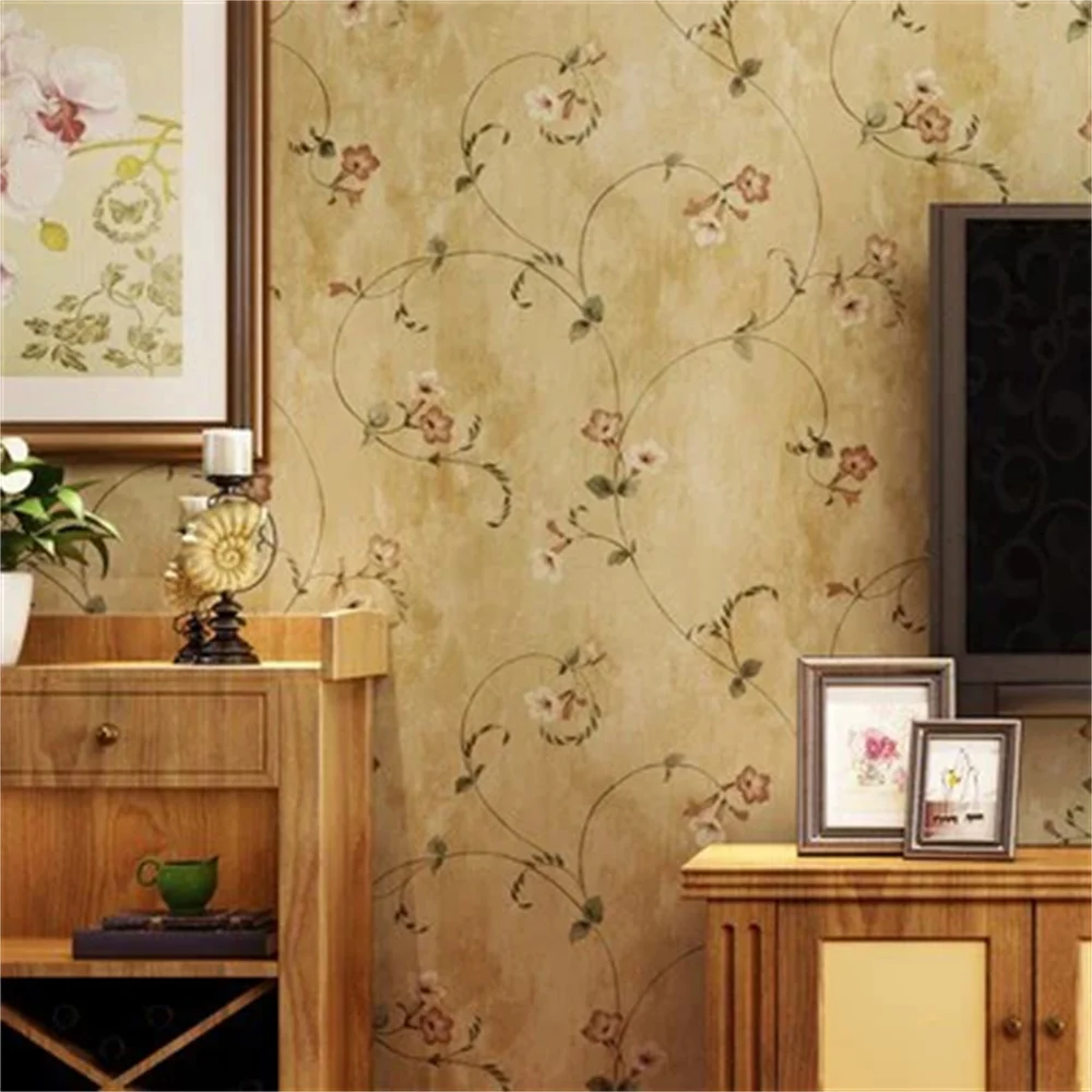 

Retro Yellow Nostalgic Pastoral Floral Wallpaper American Country Bedroom Living Room Background Vine Flower Wallpaper Non Woven