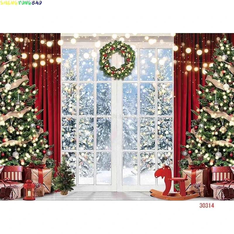 Vinyl Custom Christmas Tree Window Wreath Gift Photography Backdrop Window Snowman Cinema Pine New Year Background Prop ZZ-12