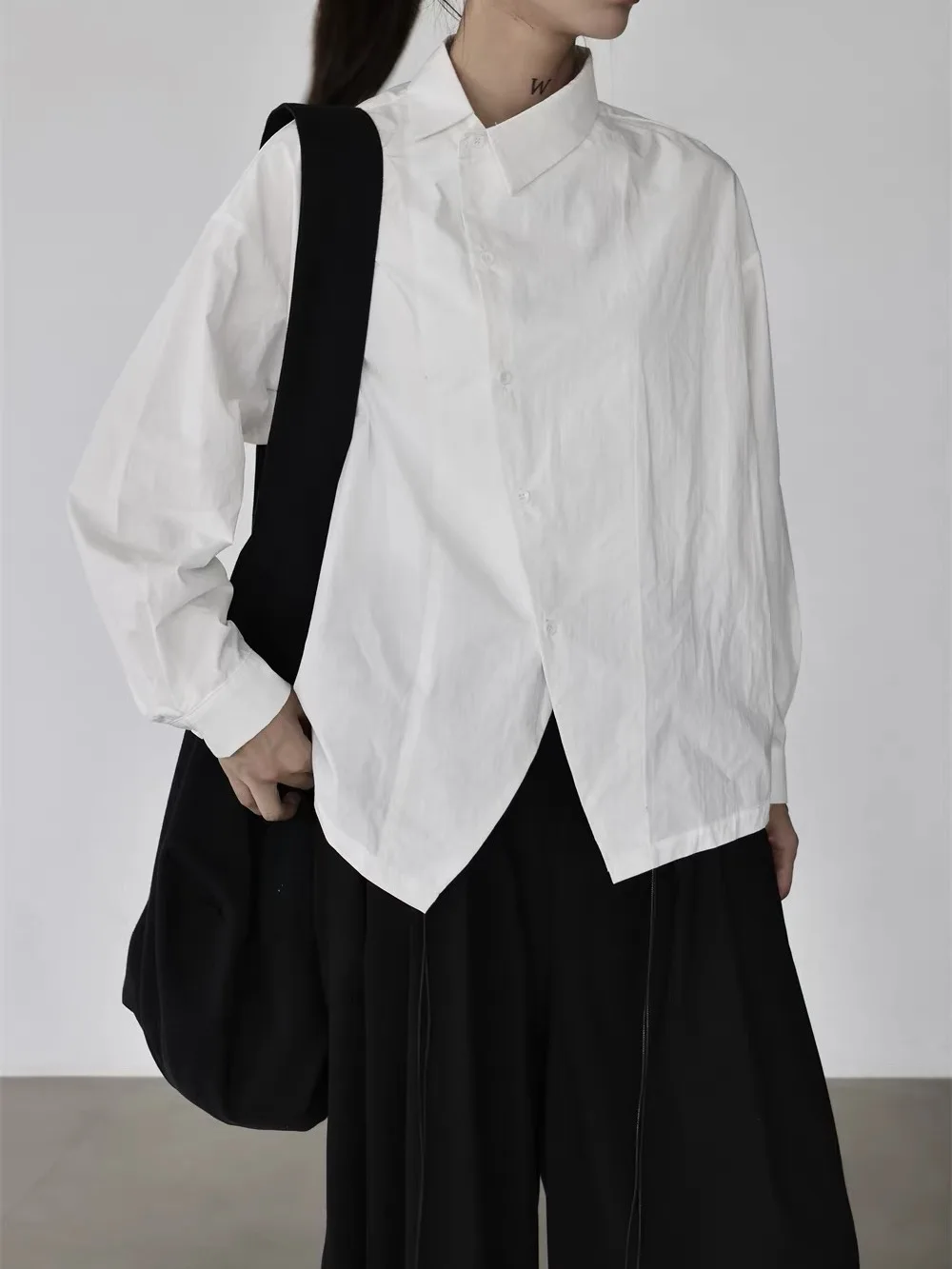 Loose Casual Long Sleeve Women's Shirt Dark Autumn Irregular Slant Door Design Base Layer Top Cotton Comfortable Breathable
