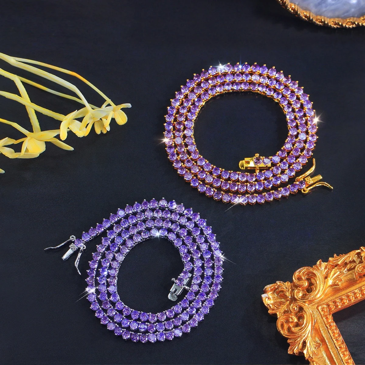 Pera Elegant Purple Round Cut Zircon Gold Plated Stackable Tennis Chain Necklace HipHop Rock Street Jewelry for Women Party P001