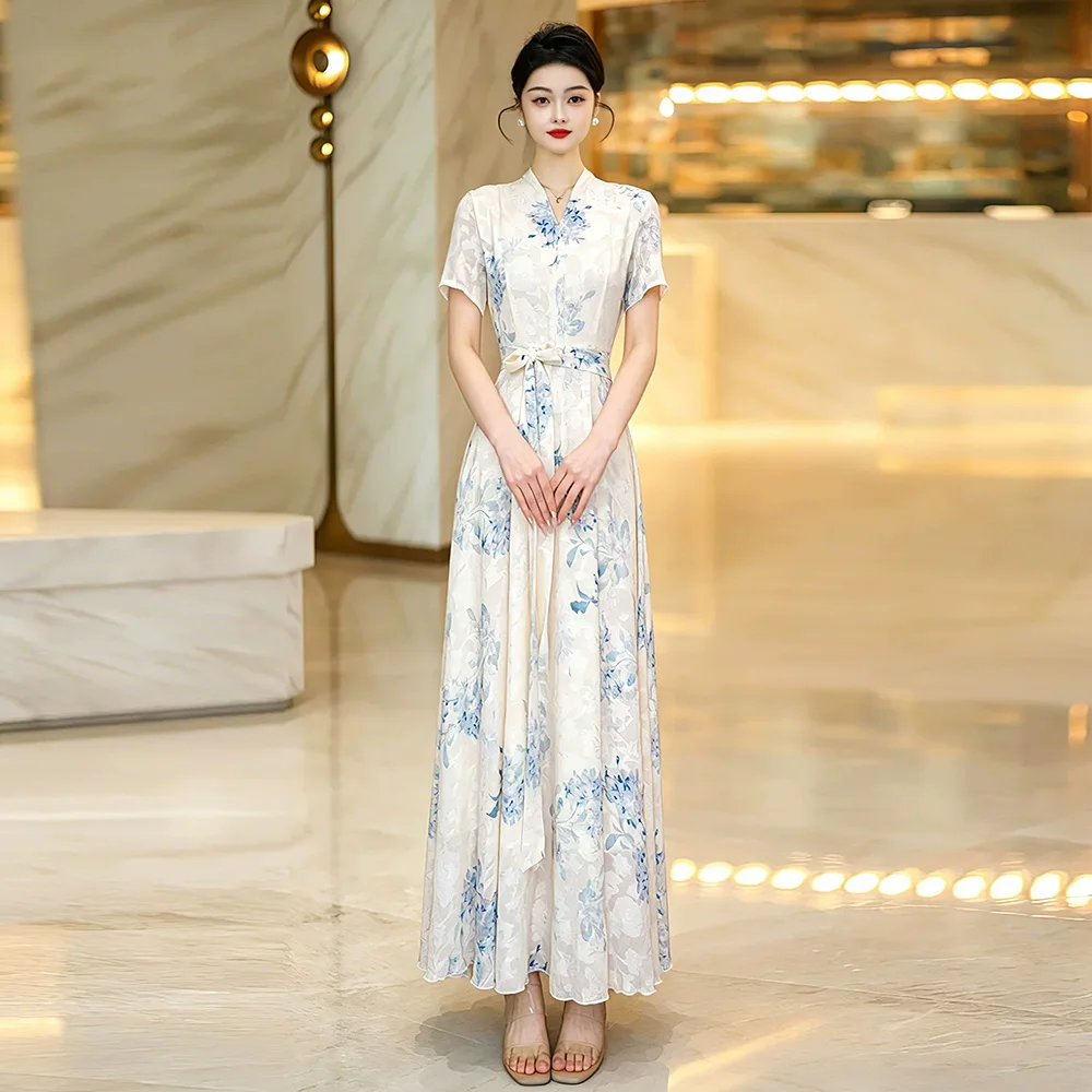 New Women Elegant White Floral Dress Summer Fashion V-Neck Short Sleeve Slim A-Line Dress Chic All-match Long Dress Mid-Calf