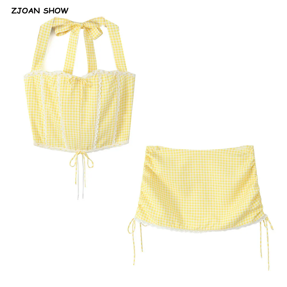 

2025 Sexy Yellow Plaid Lace Tie Bow Halter Cross Lacing Up Back Corset Crop Top + Low Waist Drawstring Mini Skirt 2 pieces 1 set