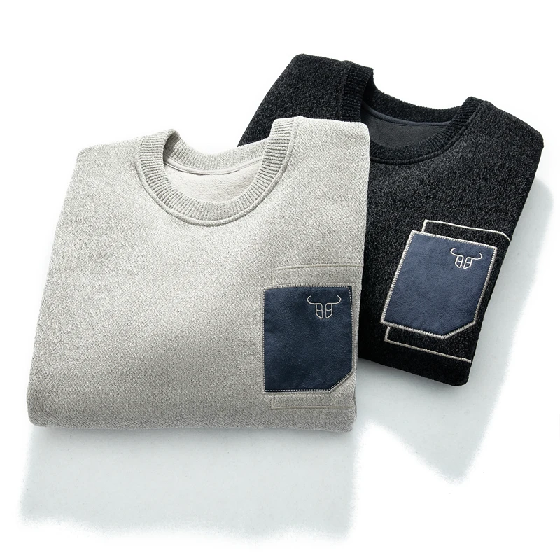 

Velvet Anti-Pilling Chenille Color Block Patchwork Embroidery Fleece Lined Knitted Sweater for Men Winter Casual round Neck L...