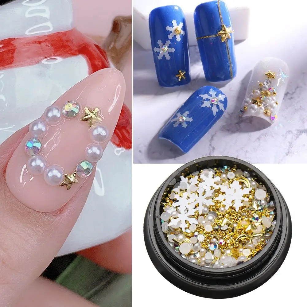 เล็บชิ้นส่วนStudsเล็บโลหะเพิร์ลออกแบบทองฟอยล์Flakesผสมเล็บRhinestones Star Moon