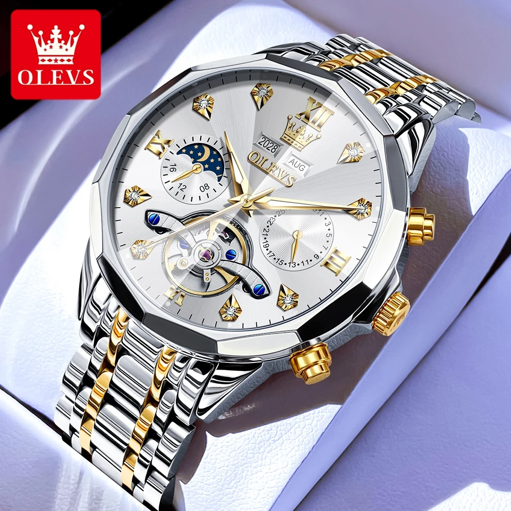 OLEVS 6621 Relojes para hombre Reloj mecánico original para hombre Calendario Volano Reloj de pulsera de marca de lujo