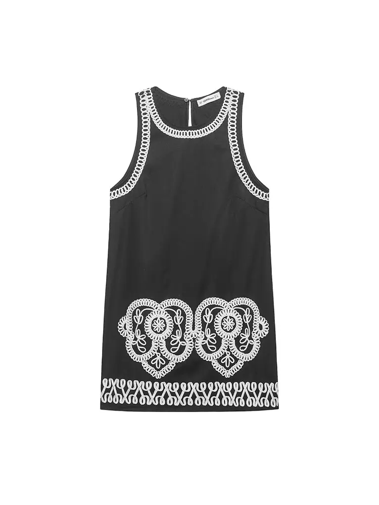 2025 Summer Woman Dress Embroidery Decoration Straight Dresses Women O-neck Sleeveless Short Dress Daily Streetwear