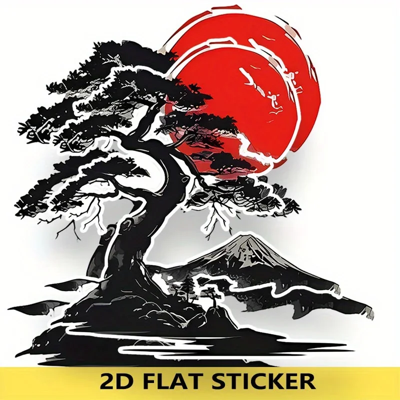 2D Bonsai & Mount Fuji Vinyl Sticker, Anime Inspired PVC Decal for Car Window Laptop Motorcycle Smooth Surface Decor