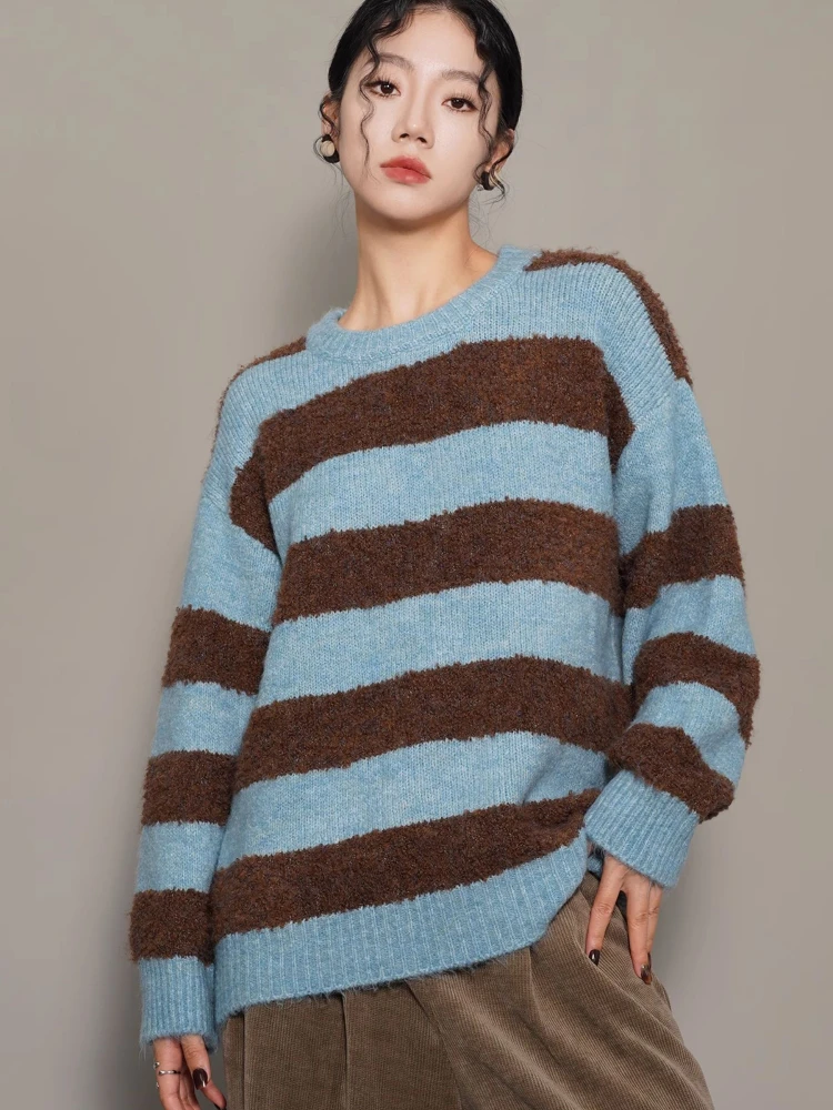 Striped Sweaters Women New Autumn Winter Gentle Retro Loose Long Sleeve O-neck Tops Pullovers Knitwear Casual Korean Fashion