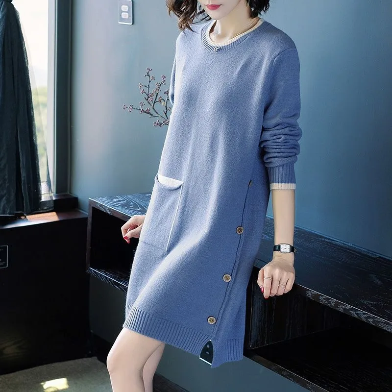 Women 2023 Autumn/Winter New Sweater Mid Length Solid Color Loose Sweater Dress Korean Pullover Knit Underlay Round Collar