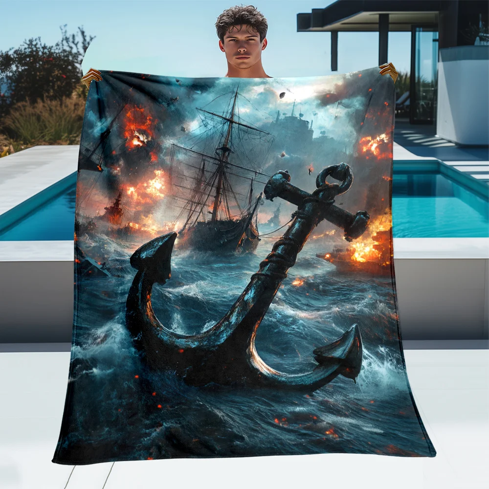 

Epic Pirate Ship Battle with Anchor Flannel Blanket Ocean Storm Fire Naval War Scene Dramatic Art Soft Cozy Throw for Home Decor