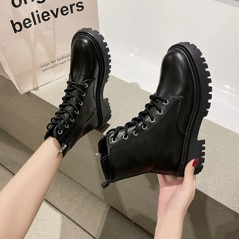 

2023 Summer Autumn Women Ankle Boots Classic Beige Black Leather Gothic Punk Shoes Mid Heels Short Combact Boots Platform Shoes