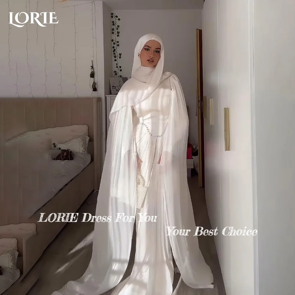 

LORIE Sexy Satin Long Sleeve Wedding Dresses A-line Pleats High Collar Ruffle Elegant Customized Bridal Gown Muslim Arabia Dress