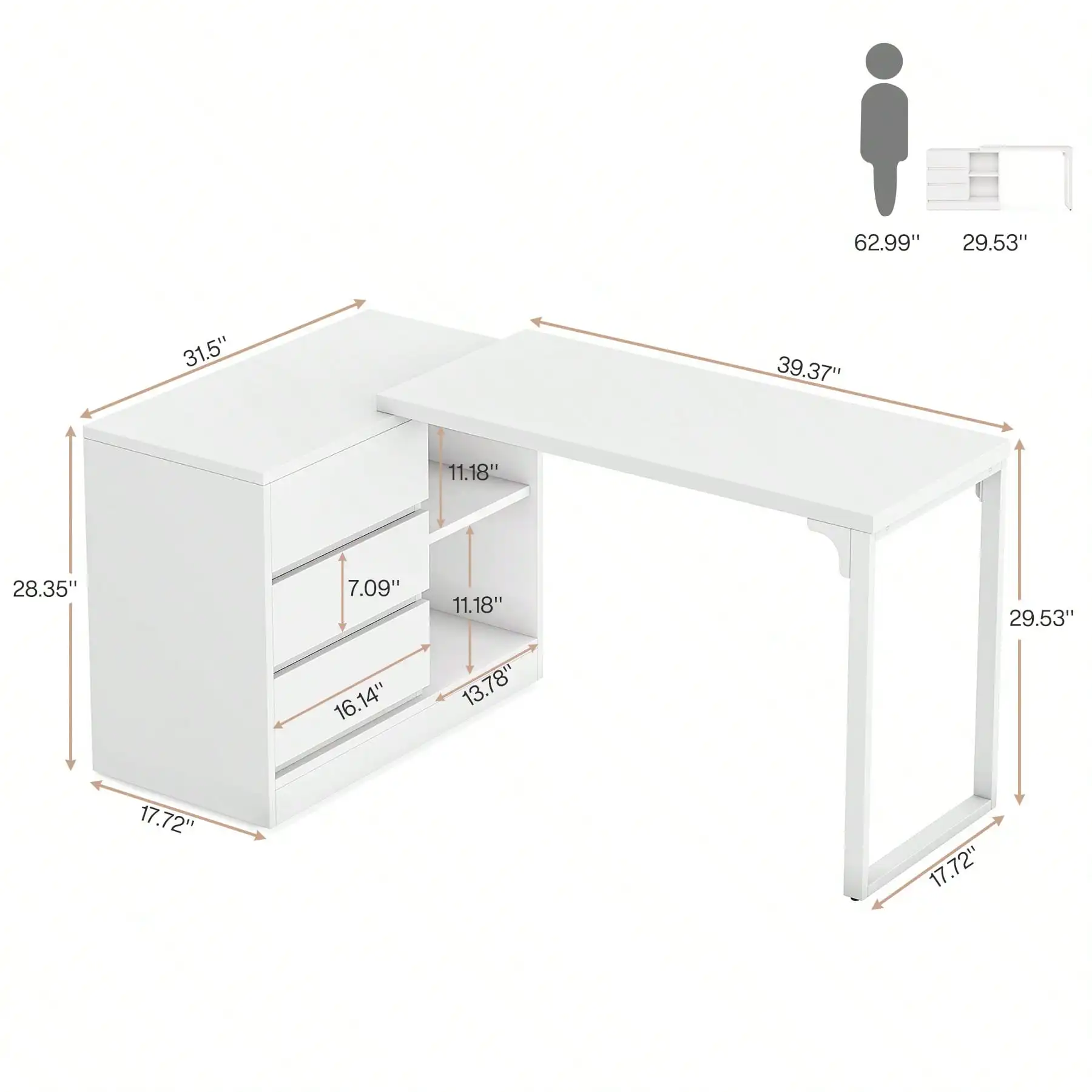 Tribesigns L-Shaped Computer Desk With Drawers And Shelves, Reversible White Corner Office Desk With Storage Cabinet, Modern Study Writing Table For Home Office, Bedroom