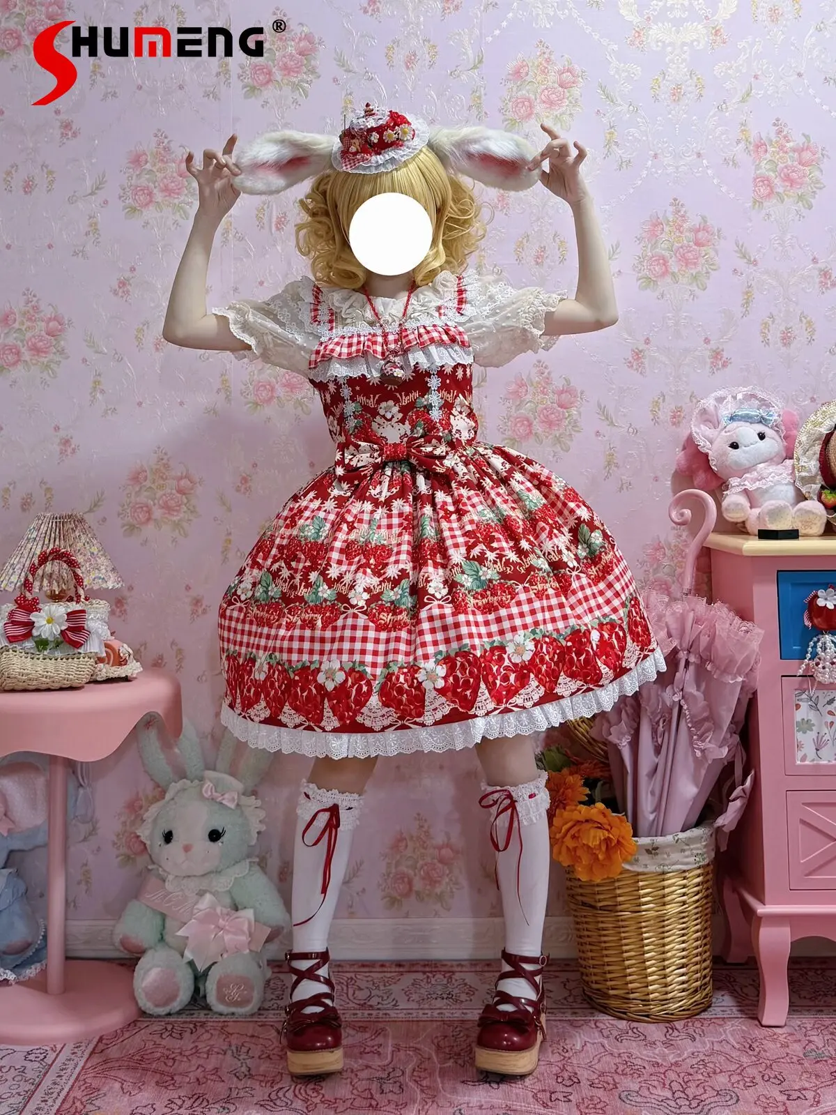 

Japanese Sweet Cute Girl's Strawberry Party Dresses High Waist Bow Kawaii Versatile Lolita JSK Short Dress for Women Summer 2026