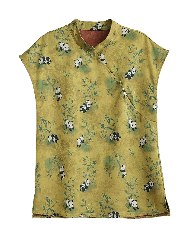Yellow Silk Cloud Cloth ort Sve irt Women's Faion Retro Chinese Sle Panda Print Button up Loose Fit Summer irt