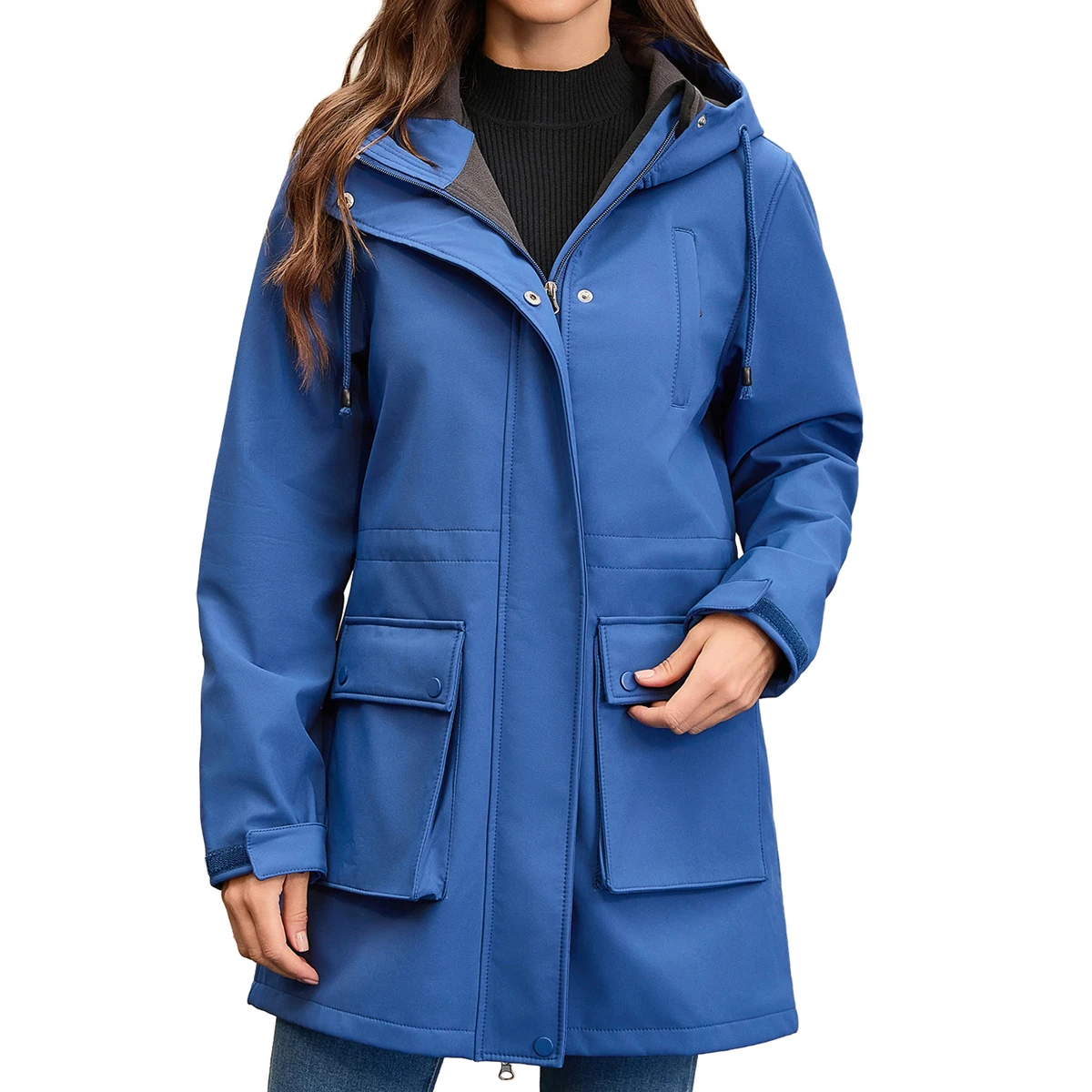 

Women Waterproof Hooded Trench Coat Autumn and Winter Jacket Long Plush Raincoat Windbreaker Outdoor Rain Jacket