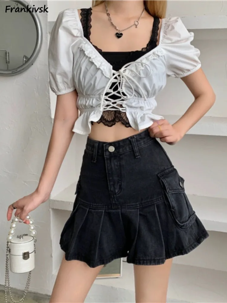 

Skirts Women Vintage Denim Casual Loose Daily Holiday Trip Summer Fashion Korean Style Design Pockets Charming Youthful College