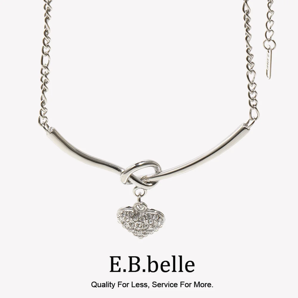 E.B.belle Cute V-shape Rhinestone Heart Necklace Stainless Steel 18k Gold Plated For Women Fashion Charm Hypoallergenic