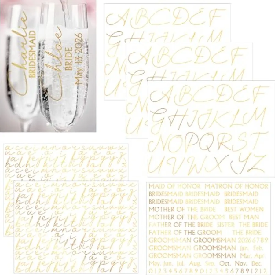 6 Sheets Custom Bride Bridesmaids Letter Stickers Personalized Vinyl Proposal Name Decal UV Dtf Cup Wraps for Champagne Glasses