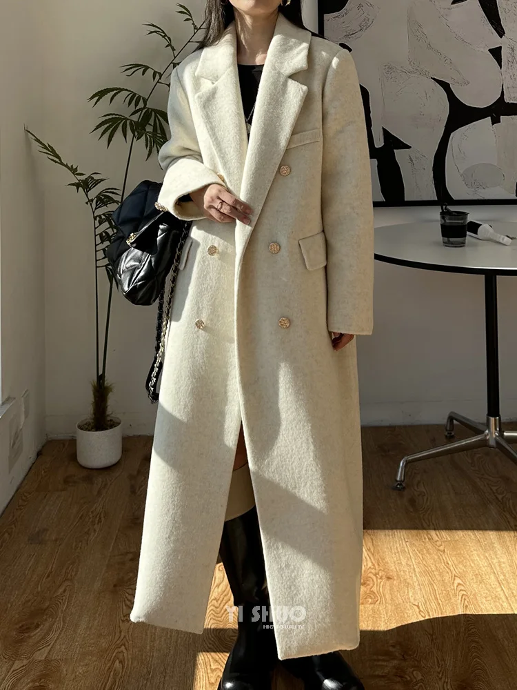 Damski płaszcz z wełny i kaszmiru na jesień i zimę, jednolity kolor, gruby, dwustronny, długi, wysokiej jakości, modny, z klapami, długi rękaw.