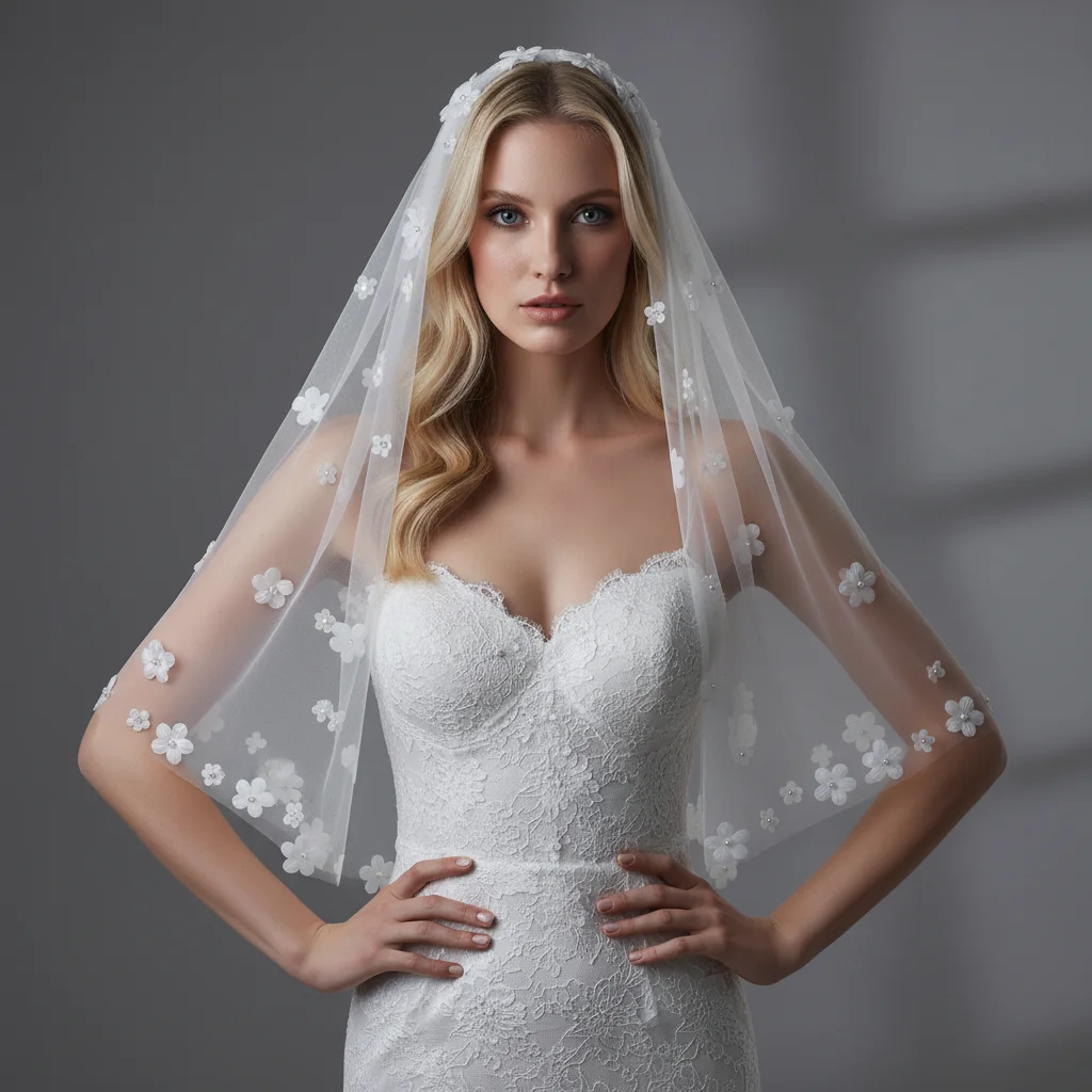 

Свадебная фата с цветочным принтом, короткая однослойная фата длиной 1 м, белая слоновая кость, мягкий тюль, свадебный аксессуар с расческой G80