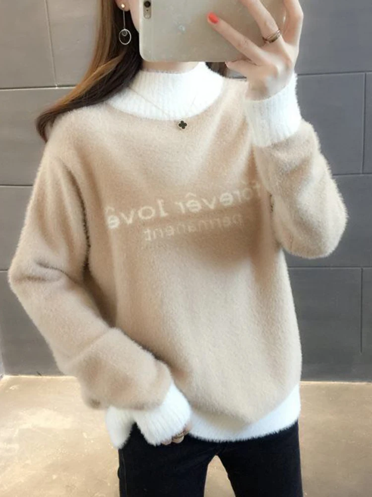 JMPRS Loose Women Knitted Sweater Fashion Letter Winter Half Turtleneck Sweater Pullover All Match Casual Female Jumper New