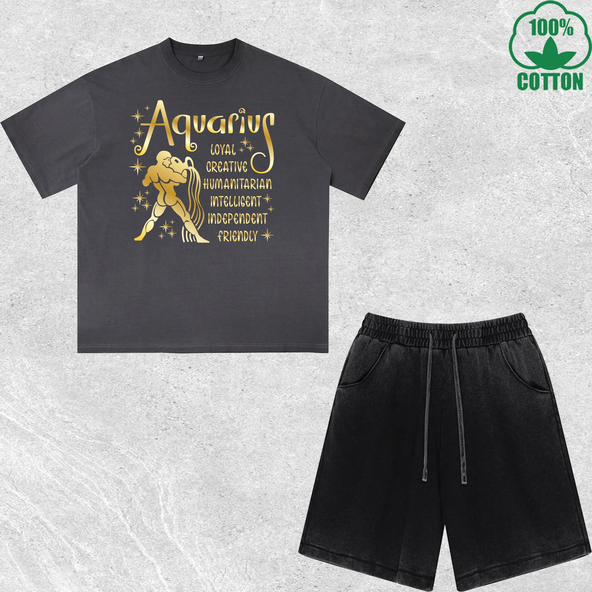 

Aquarius Gold Printed Dirty Wash T-Shirt Shorts Set Multicolor Combo Loose Trendy Fashionable 100%Cotton