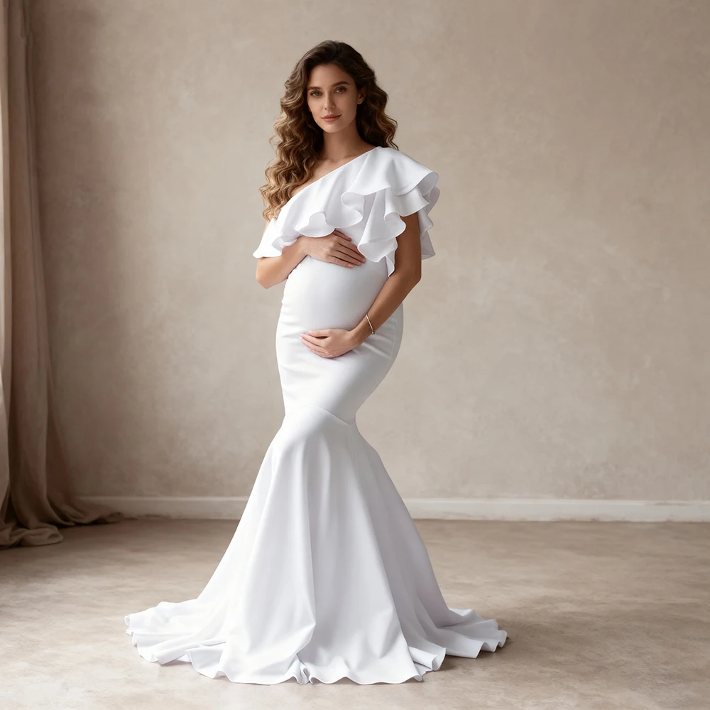 

Ruffles One Shoulder Slim Mermaid Wedding Dress for Pregnant Women for Photo Shoot Baby Shower Dresses for Special Occasions
