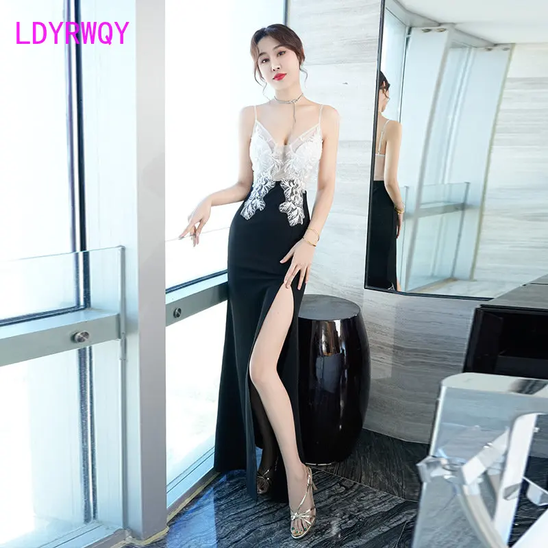 

2023 Sling Deep V Low cut Sexy Perspective Embroidery Slim Slit Style Hip Wrap Evening Dress