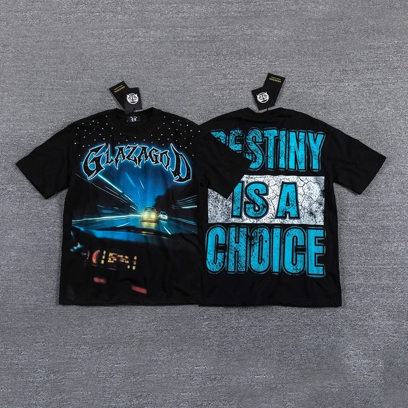 Retro Nachthimmel-Landschafts-Grafik T-Shirt Damen Strassbesetztes Weites Schwarzes T-Shirt Y2K Punk Hip-Hop Streetwear T-Shirts Tops Herren – Detail 2