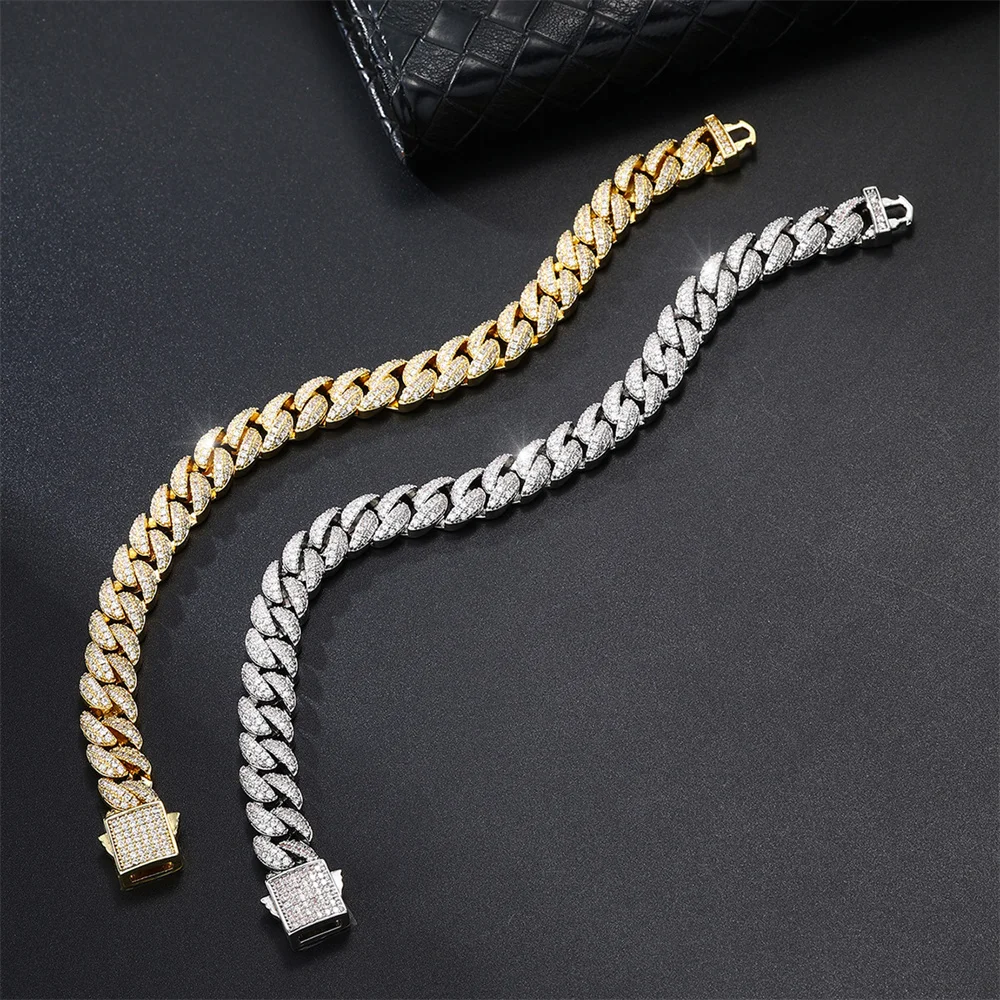 Hip Hop Iced Out 10MM Cuban Chain Necklace Bracelet For Men Luxury Copper 2 Rows Bling Cubic Zircon Rapper Jewelry Set Gift