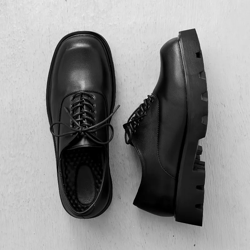 Square Headed Leather Shoes for Men with High-end Feel,thick Soled Korean Version,niche Design,men Height Increasing Derby Shoes