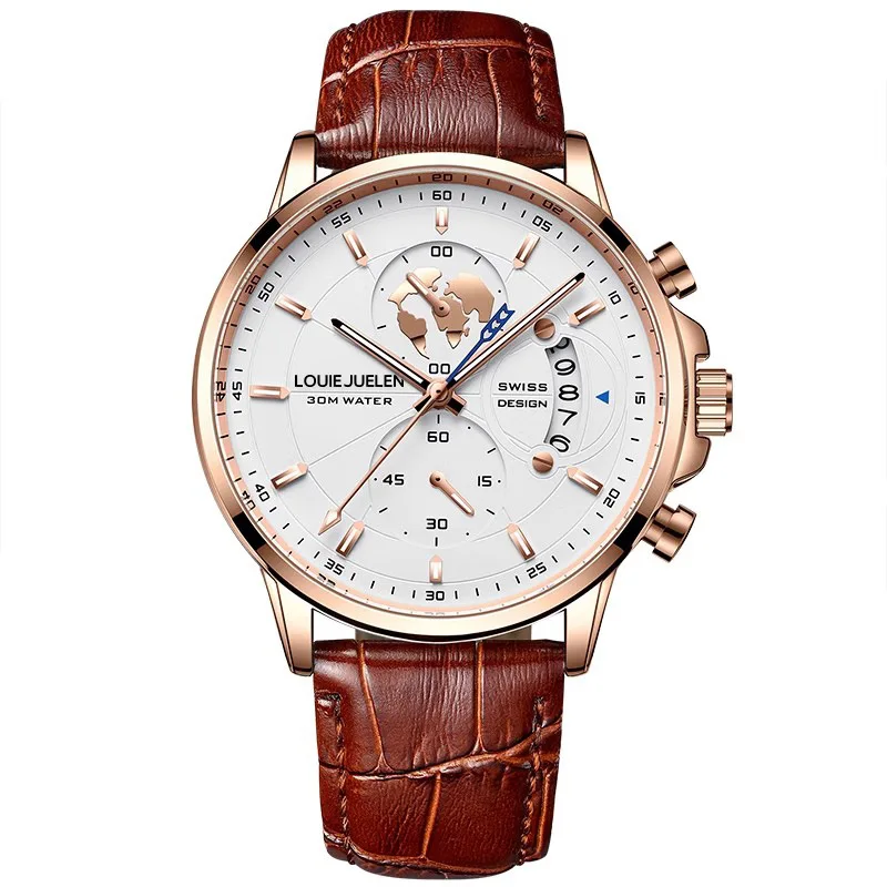 Business Men Quartz Watch Triple Chronograph Small Second Luminous Dial Genuine Leather Strap Waterproof Male Wristwatch