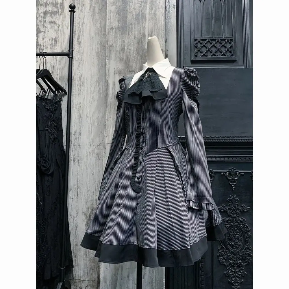 NONSAR Japanese Style Subculture Gothic Long Sleeve Dress Women Vintage Striped Polo Collar Slim Mini Dress