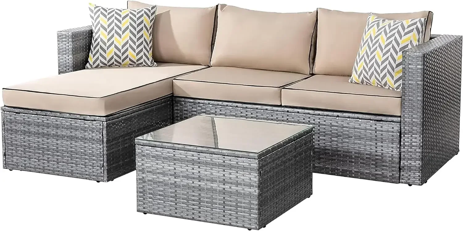 Outdoor Wicker Patio Sofa Set, Black All-Weather Rattan Small Sectional Patio Set and Chaise Lounge