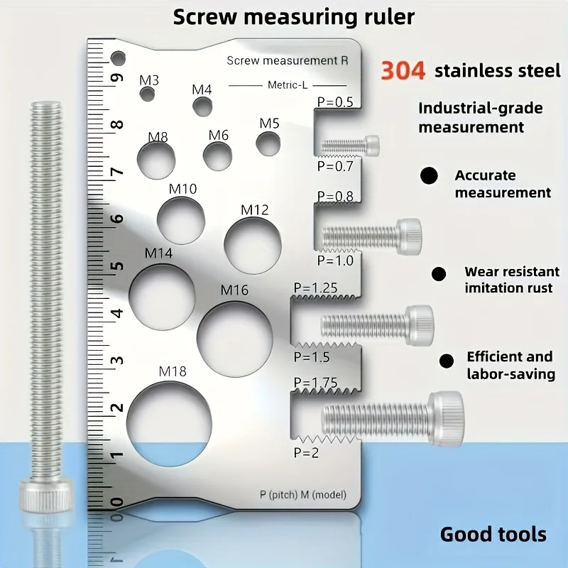 304 Stainless Steel Screw Measuring Tool Set - Precision Engraved for Thread/Distance Measurement