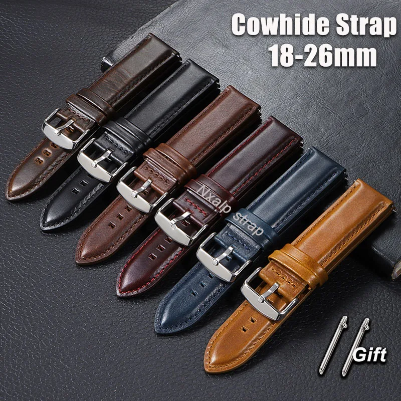 Head Layer Genuine Cowhide Watch Strap 18mm 20mm 22mm 24mm 26mm Quick Release Men's Watchband Smart Watch Bracelet Accessories