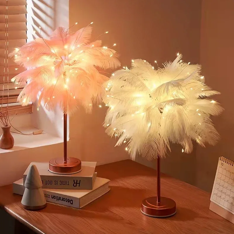 

Remote Control Feather Table Lamp USB/AA Battery Power DIY Creative Warm Light Tree Feather Lampshade Wedding Home Bedroom Decor