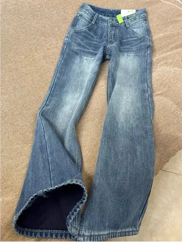 Retro Washed American High Street Vibe Lightning Pattern Jeans Loose Straight Leg Men's Jeans Casual Wear Winter Season