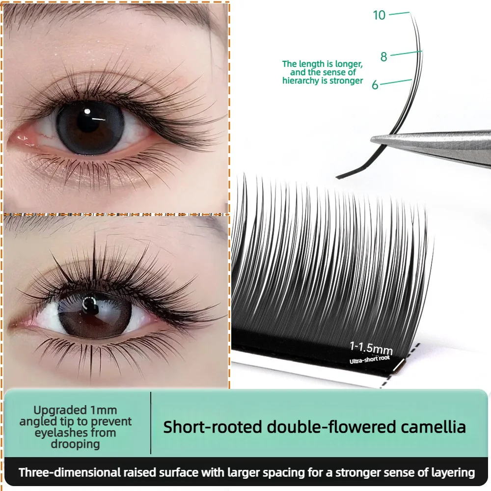 short-rooted, fluffy camellia grafted eyelashes with a high-density, non-falling texture, mimicking  look of a sunflower