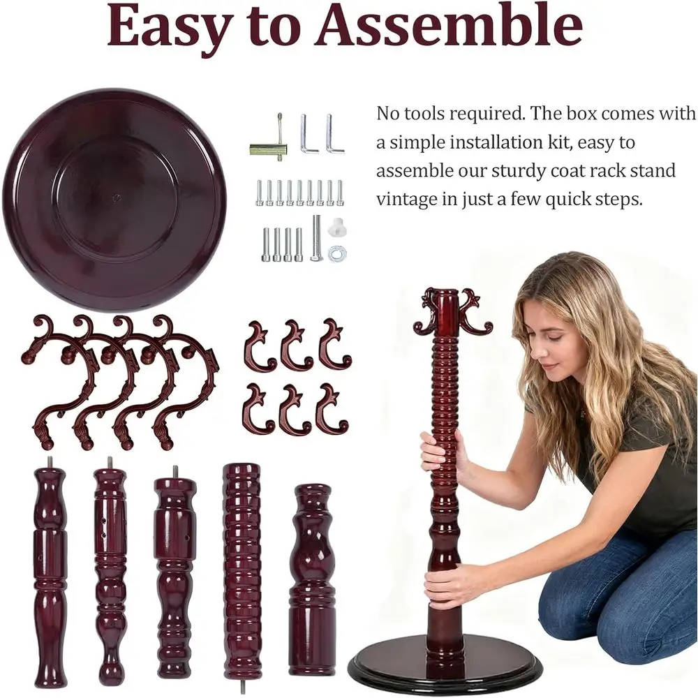 رف معطف عتيق قائم بذاته، حامل رف معطف مع 18 خطافًا وقاعدة خشبية صلبة مستديرة قوية، ثلاثة مستويات قابلة للتعديل لغرفة النوم #4